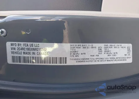 2022 Chrysler Pacifica Touring L z USA, uszkodzony, nr VIN 2C4RC1BGXNR215302